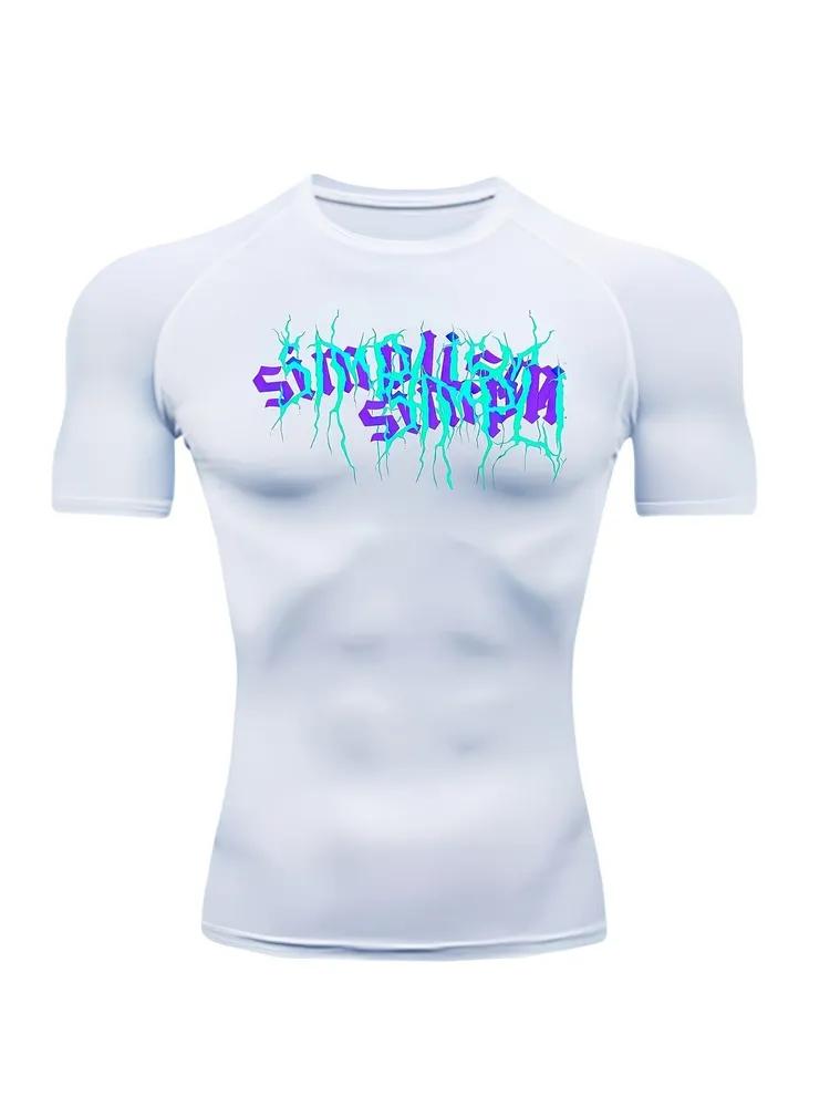 Men s Grey Neon Gothic Font Print Compression T-Shirt, Quick Dry Breathable Graffiti Style Gym Workout Top S