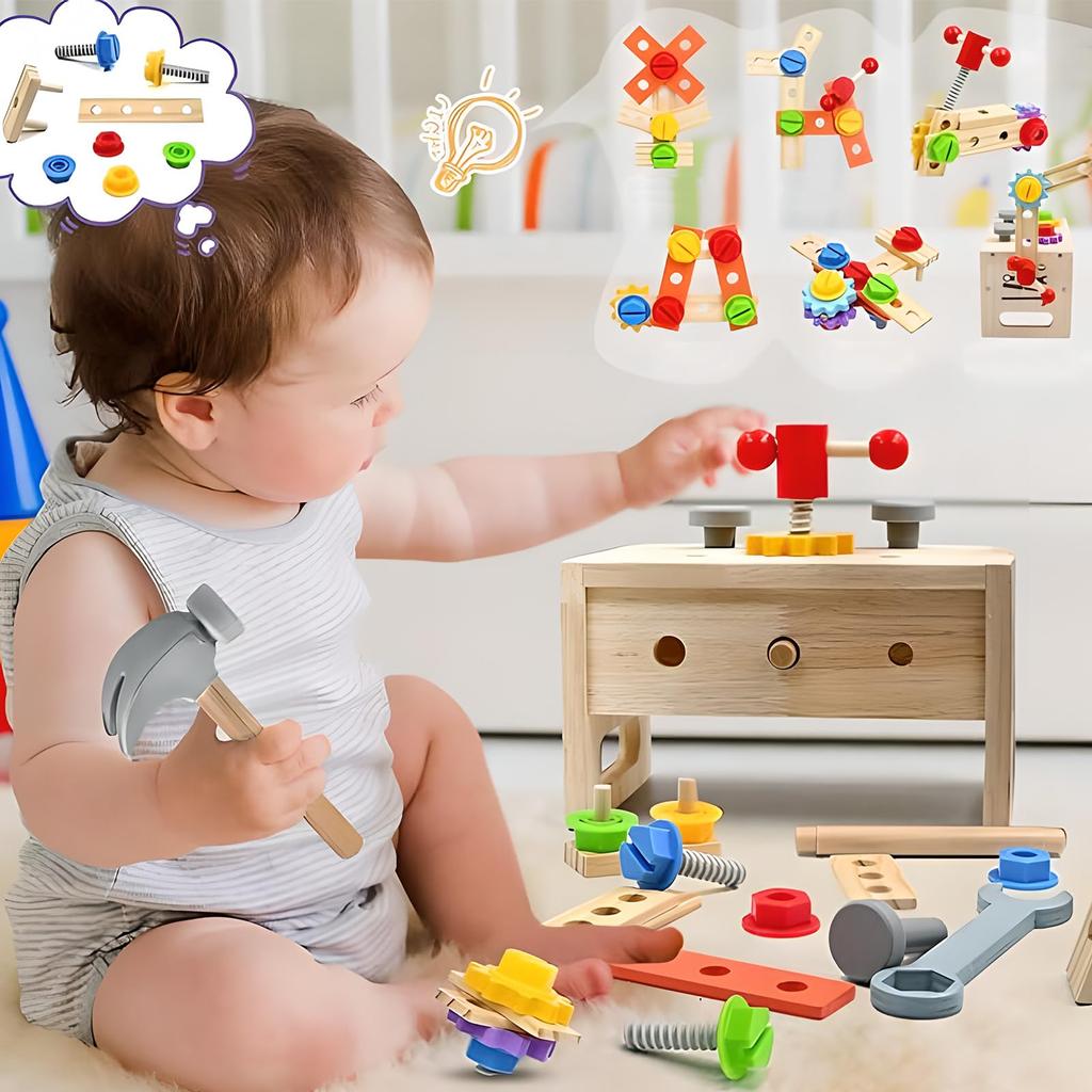 HIWO Montessori Wooden Tool Construction Toy with Drawer Ages Educational Toy for STEM Carpenter Safety Certified Toy, 2-in-1 Storage, 3-6, Education,