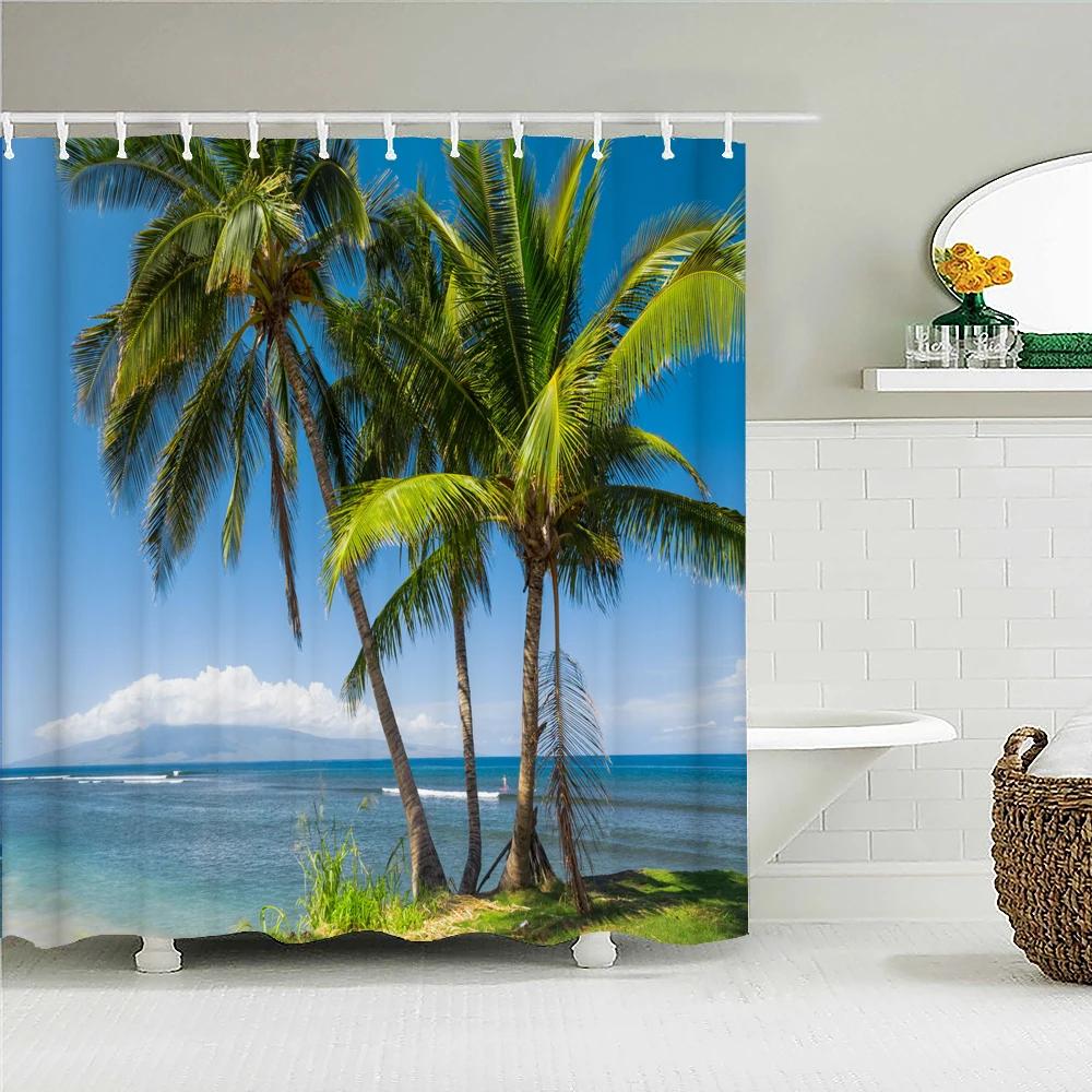 Sunny Beach Palme Meereslandschaft Stoff Duschvorhang Wasserdicht Polyester Badvorhänge für Badezimmer Dekorieren mit Haken