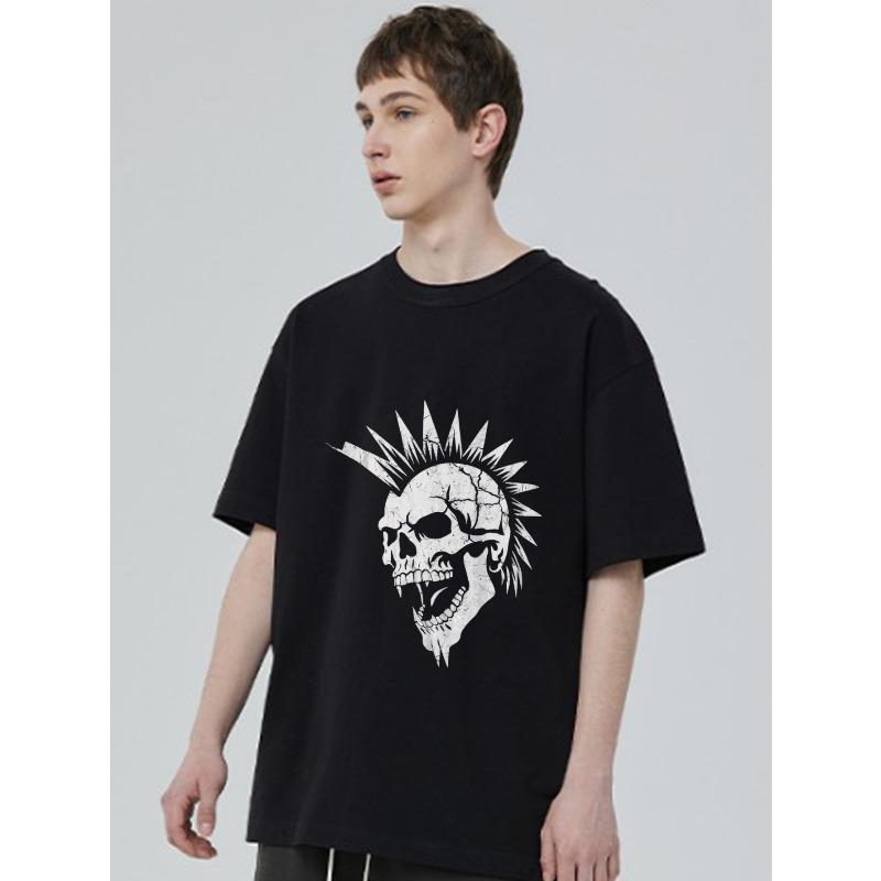 Black Oversized T Shirt Skull Punk Mohawk Print Casual Streetwear Top for Men and Women