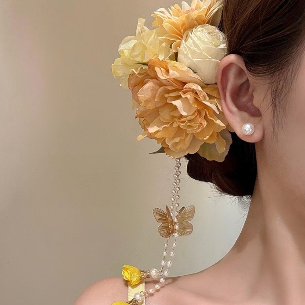 Elegant Design Flower Hairpin Pink Floral Headdress Tassel Hanfu Hair Accessories  Party Wear