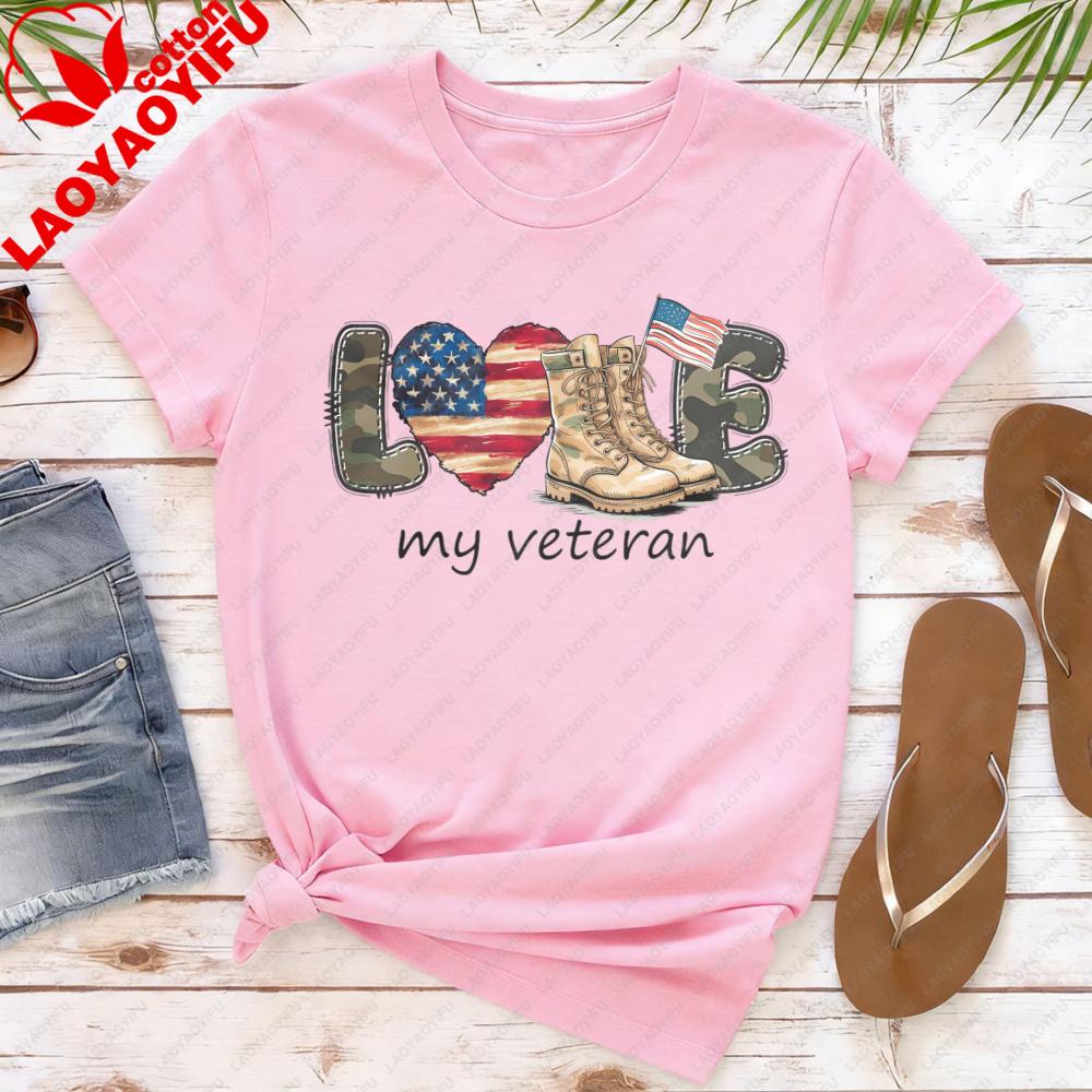 Love My Veteran Shirt Patriotic American Flag Tees Vintage Print Women Clothes Round Neck Tshirt Veteran Creative Gift S