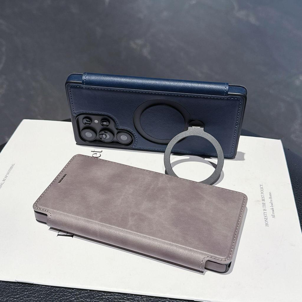 Samsung S25 Ultra Flip Card Holder Phone Case with Armor Shield and Rotating Magnetic Stand - Full Coverage Anti-Drop A17 Case