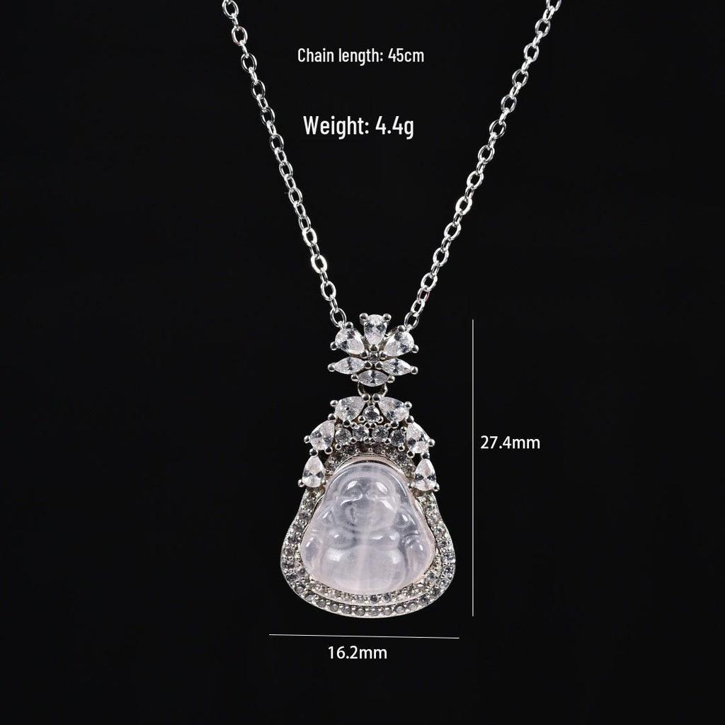 S925 Sterling Silver Rose Quartz Buddha Pendant Necklace - Chinese Style, Light Luxury, High-End Clavicle Chain X145