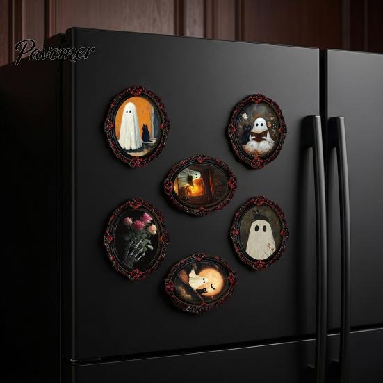 Indoor Halloween Theme Decorations Wooden Refrigerator Magnets, Vintage Gothic Oval Frame Fridge Magnets with Witch Retro Picture Decor Ghost