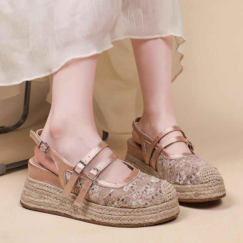 Fashion 2025 Shoes Female Closed Toe Women's Sandals Fashion Sequins Casual Summer New Belt Buckle Shallow Best Seller Wedge Sandals