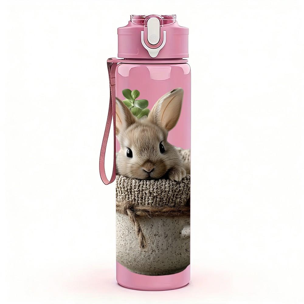 1PC Bunny In Pot Plant Cute Animal Print 750ml Color Plastic Sports Water Bottle Leakproof Flip Straw Lid Suitable for Sports Office Home Use