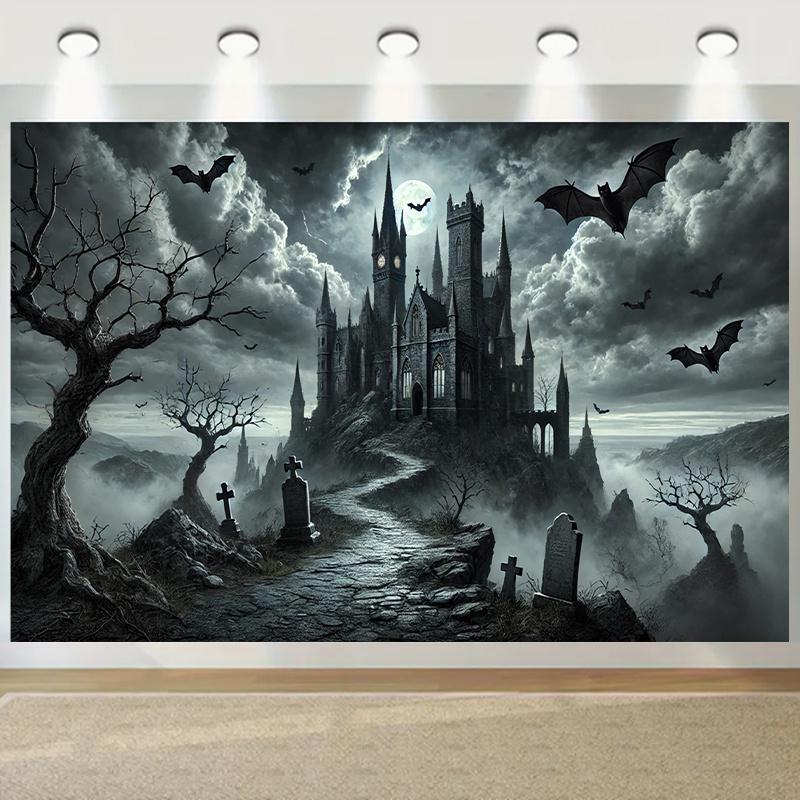 1 Pc 2D Flat Halloween Theme Background Cloth Banner, Gothic Castle Night Scene, Halloween Decoration, No Power Required——sjs