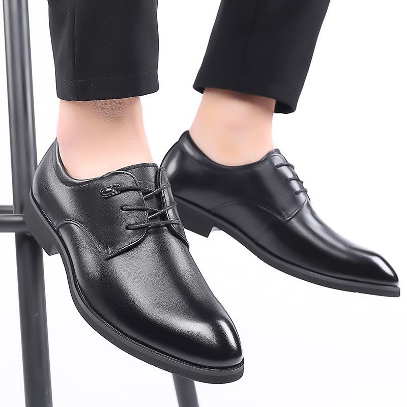 Large Size Leather Shoes Men's Genuine Leather Business Dress Pointed Trend Black Groom Wedding Shoes Men's 2025 Height Increase