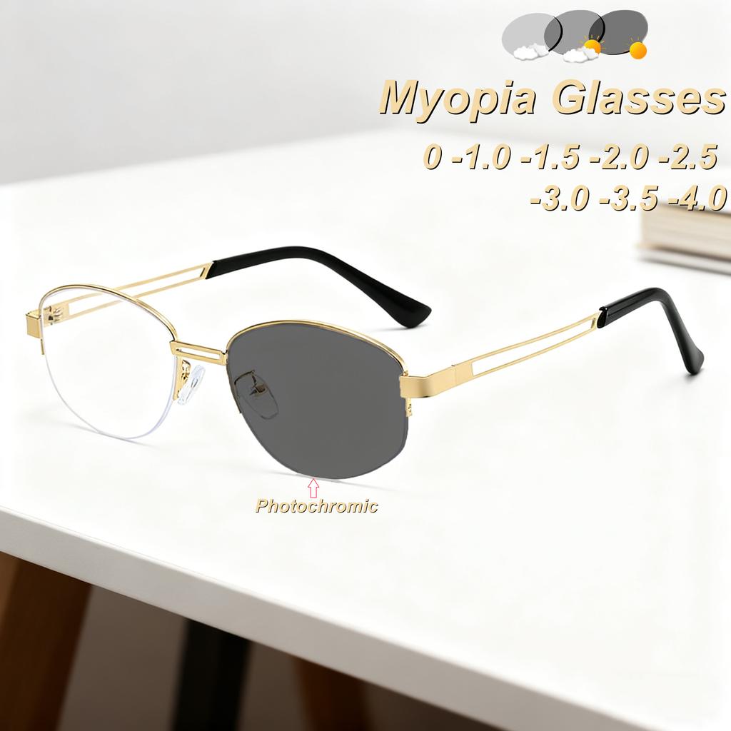 High Quality Retro Personalized Metal Half Frame Photochromic Women's Myopia Glasses Outdoor Neutral High Quality Anti Blue Light Glasses