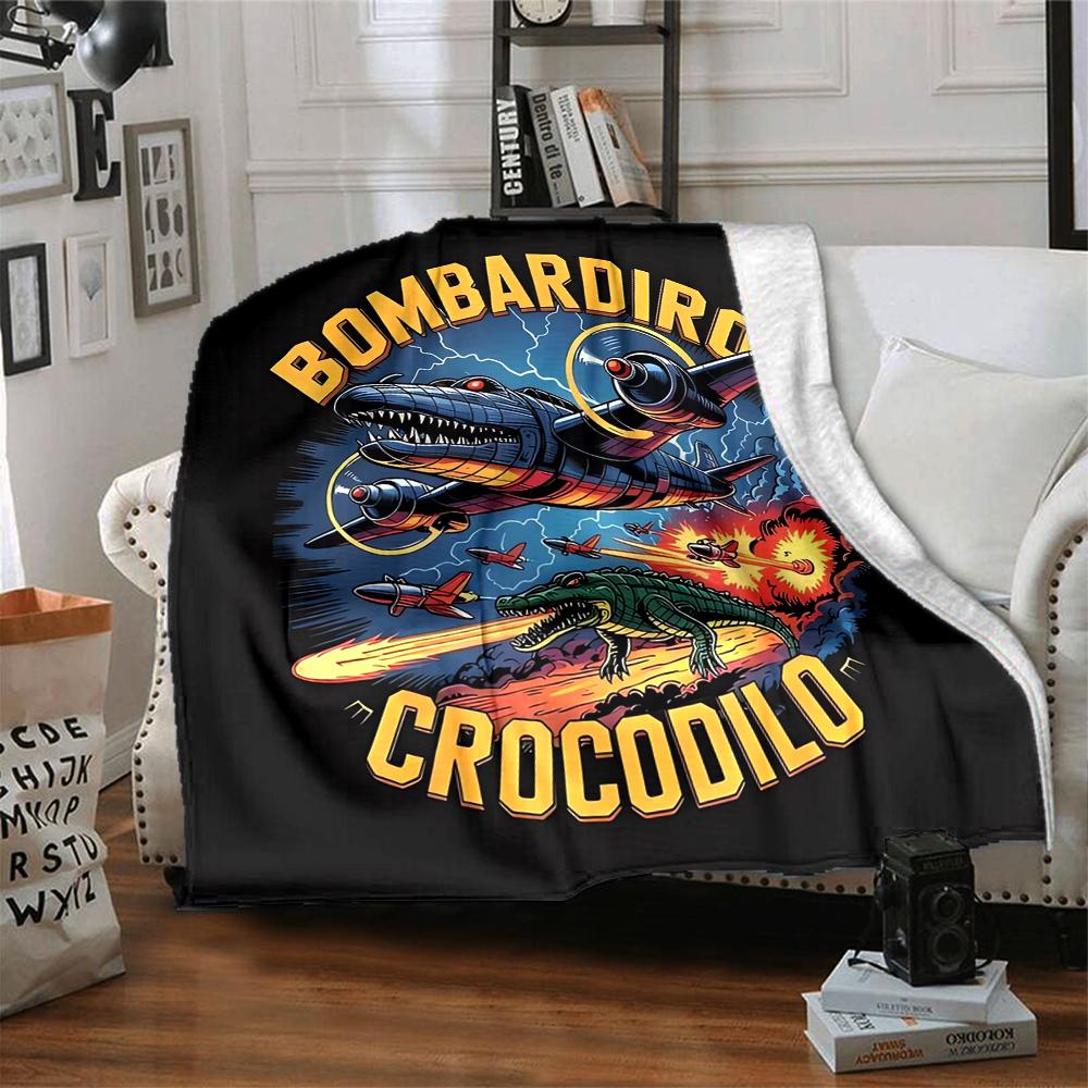 1Pc Bombardier Crocodile Adventure Flannel Blanket, Soft And Comfortable, Casual Warm, Camping Travel, Christmas, Halloween Xmas Gift L1432