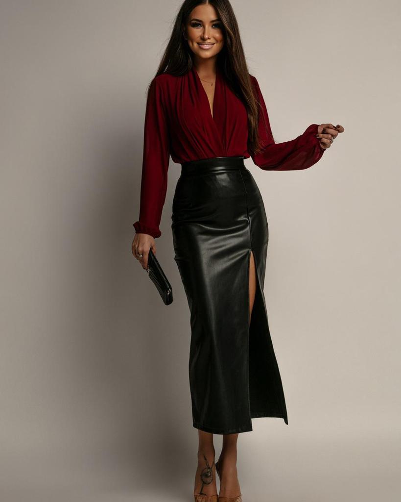 High Waist Leather Slit Midi Skirt - European & American Style, Slimming Bodycon, Solid Color