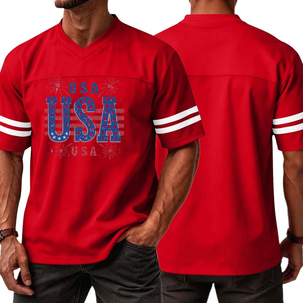 Men V Neck Casual Short Sleeve Sports T Shirt with USA Print Athletic Fit Comfortable Lightweight Top for Daily Wear
