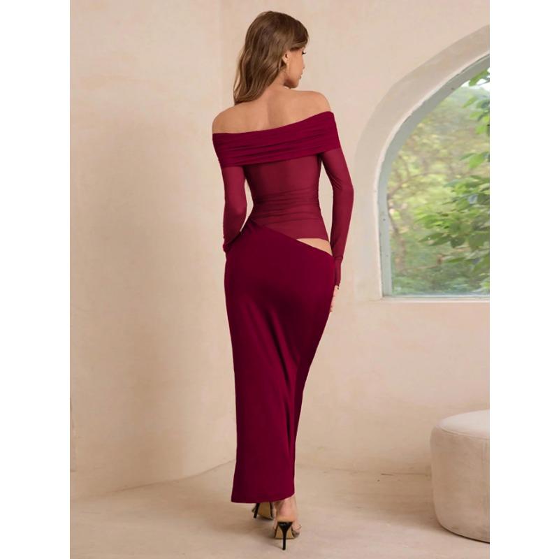 Elegant Off-shoulder Long-sleeved Mesh Long Skirt for Women Autumn and Winter One-shoulder Slim High-waisted Dress
