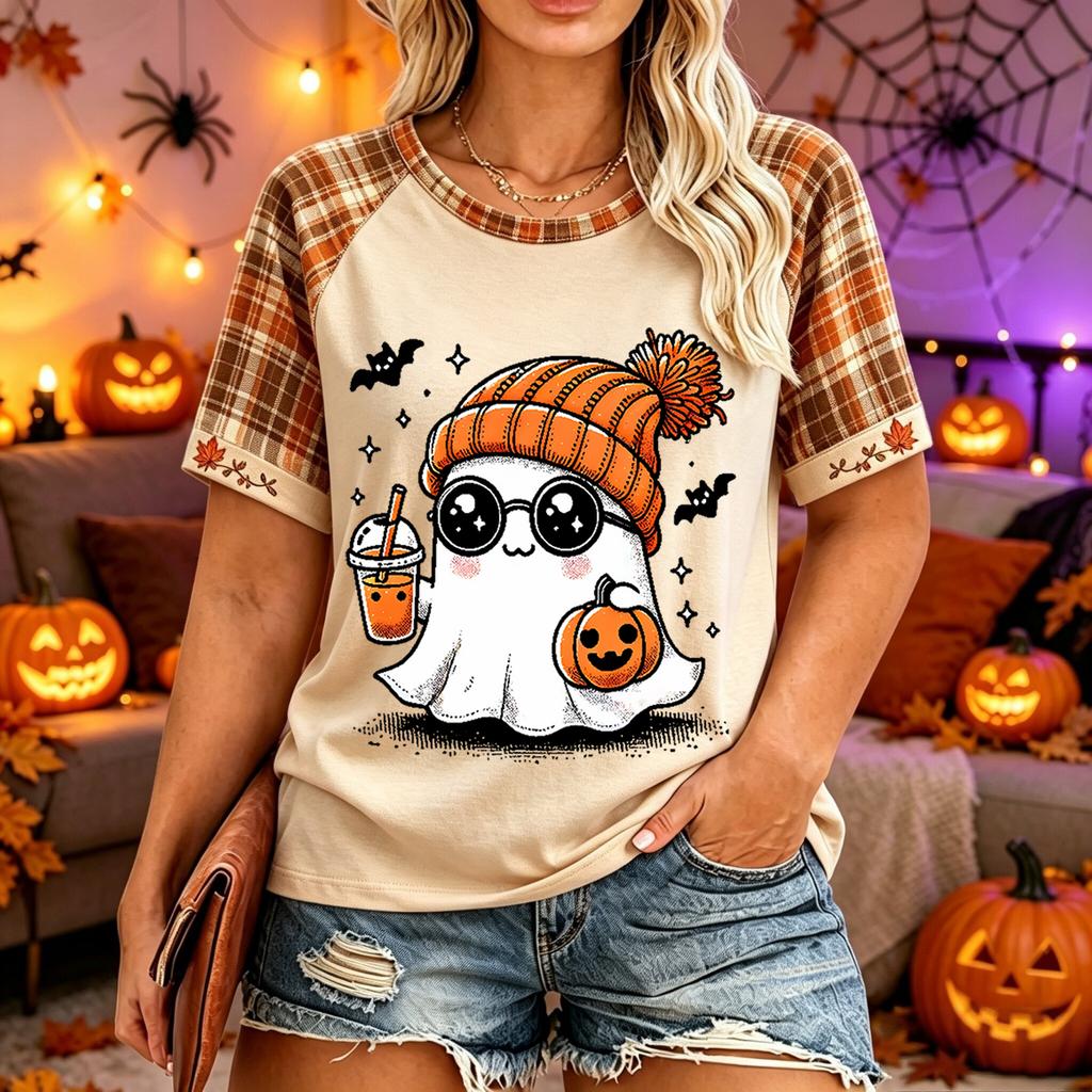 Tricou casual pentru femei, mărimi mari, cu mânecă scurtă, gât rotund, cu imprimeu de Halloween