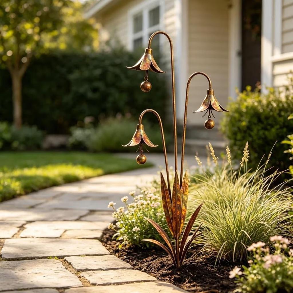 Vintage Iron Garden Wind Chime Flower Stake Decorative Metal Floral Ornament for Outdoor Yard Patio Pathway Lawn Landscape