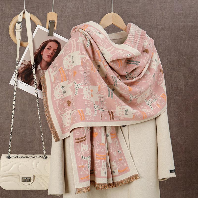 Cat Animal Printed Pashmina Shawls Scarf For Woman Winter Warm Wraps Thick Imitate Cashmere Fashion Big Size Scarves