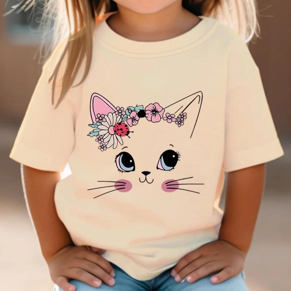 Girl Clothes Cute Floral Cat Pattern Summer Short Sleeve Tops Animal Cartoon Print Tees Fashion O-Neck Loose Children's Clothing