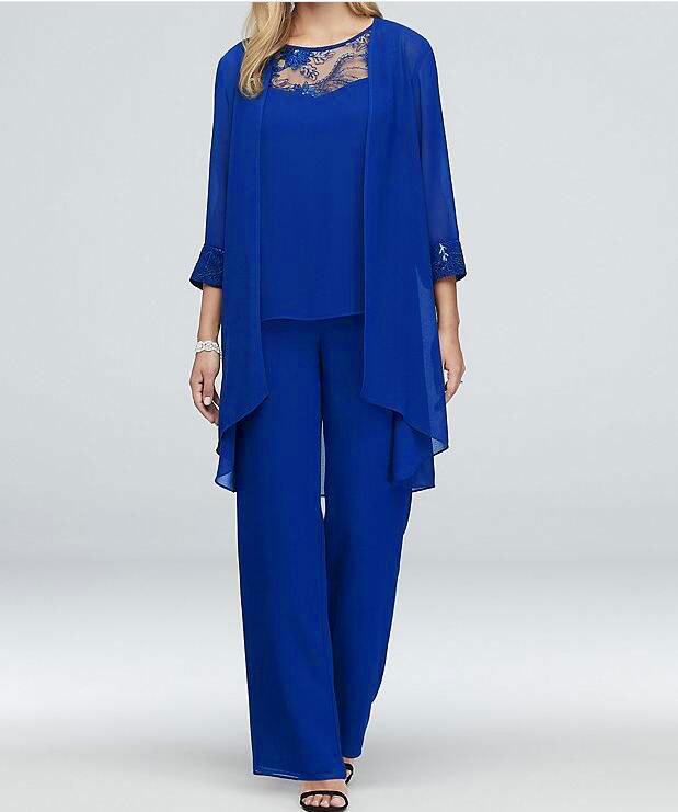 Blue Chiffon Lace Trim Blouse with Matching Cardigan and Wide Leg Pants Set
