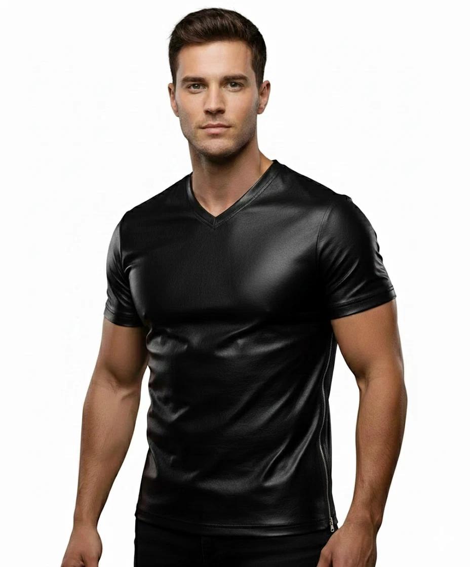 

Кожаная футболка Летняя Стильная Ручной работы Мужская Черная Натуральная овечья кожа Повседневная Мягкая S чёрный