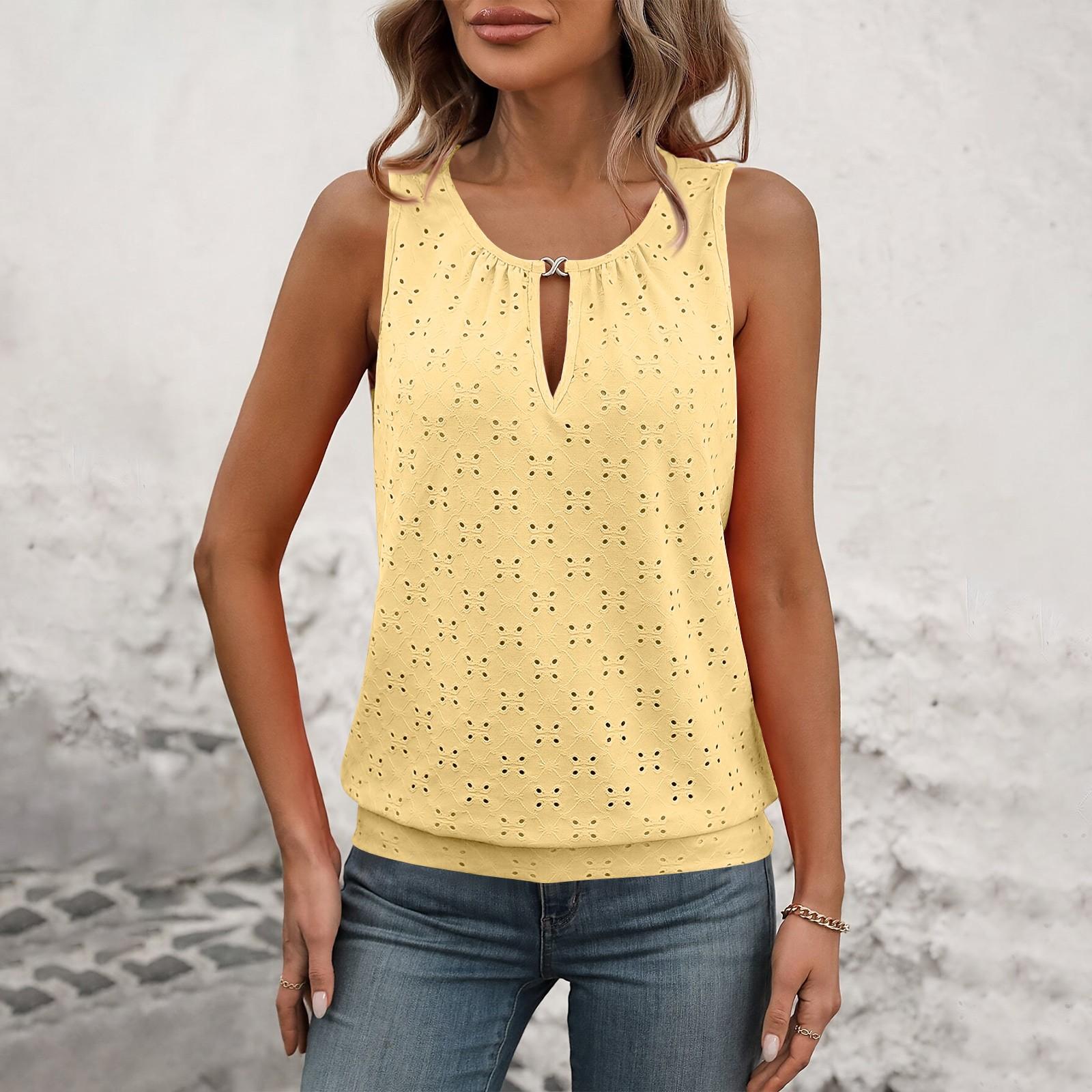 

Женская модная однотонная футболка без рукавов с пряжкой и круглым вырезом L жёлтый