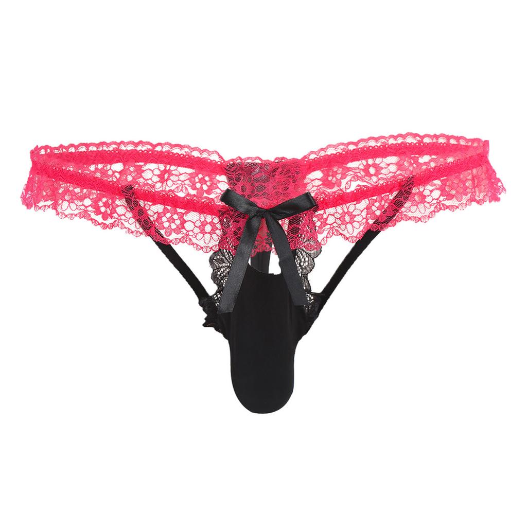 Bărbați din dantelă florală cu bandă elastică tanga sissy lenjerie de corp culoare contrastantă cu fundă husă umflături cu șnur decupat spate în T