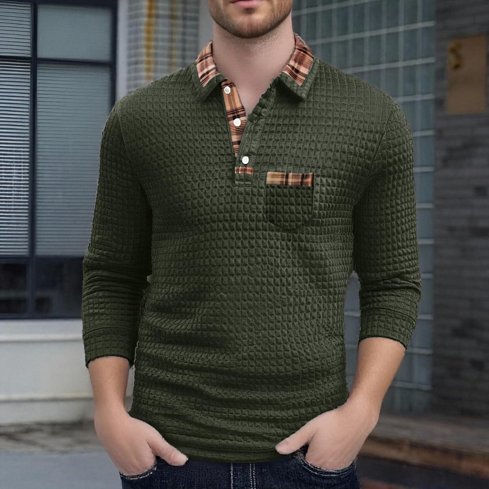 

Men s Casual Solid Color Checkered Patchwork Pocket, Lapel, Long Sleeved Sport XXXL