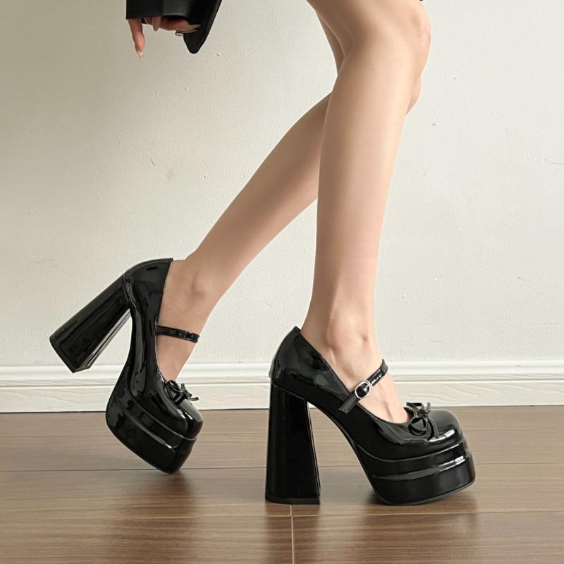 Fashion Super High Heel Mary Jane Shoes Women's Retro Round Toe Shallow Mouth Bow Platform One Strap Block Heel Single Shoes