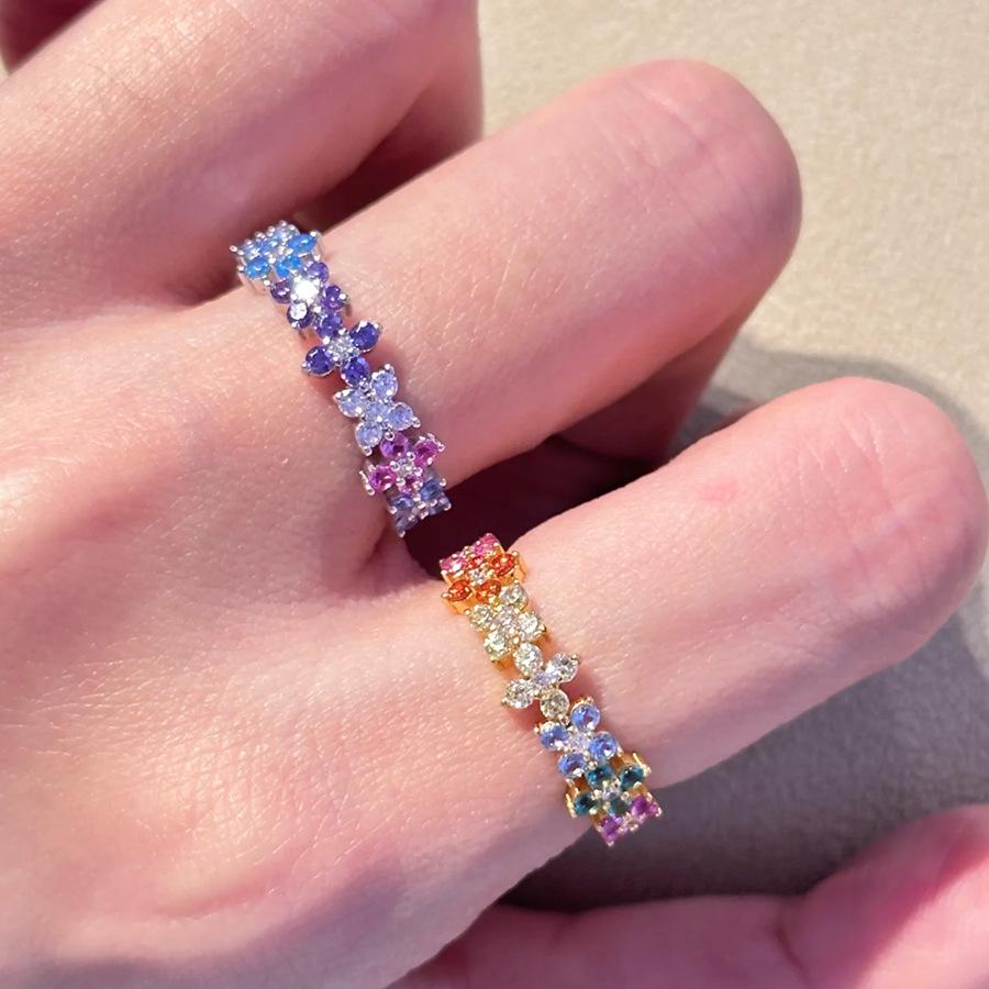 Vintage Dopamine Clover Ring French Light Luxury Color Diamond Monet Garden Strip Ring Row Ring Female