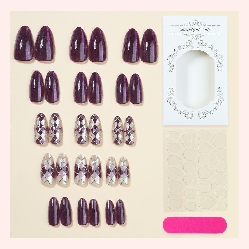 Purple Geometric Almond-Shaped Wearable Nails – 30 Detachable Pieces
