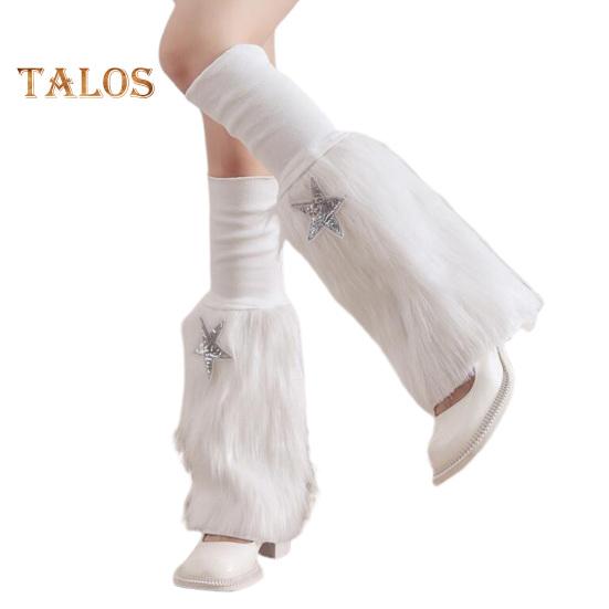 

1 пара зимних чехлов для телят, пушистый искусственный мех, противоскользящие блестки, звездная нашивка, однотонные, в стиле JK, эластичные, утолщенные, повседневные, спортивные, для прогулок, гетры белый