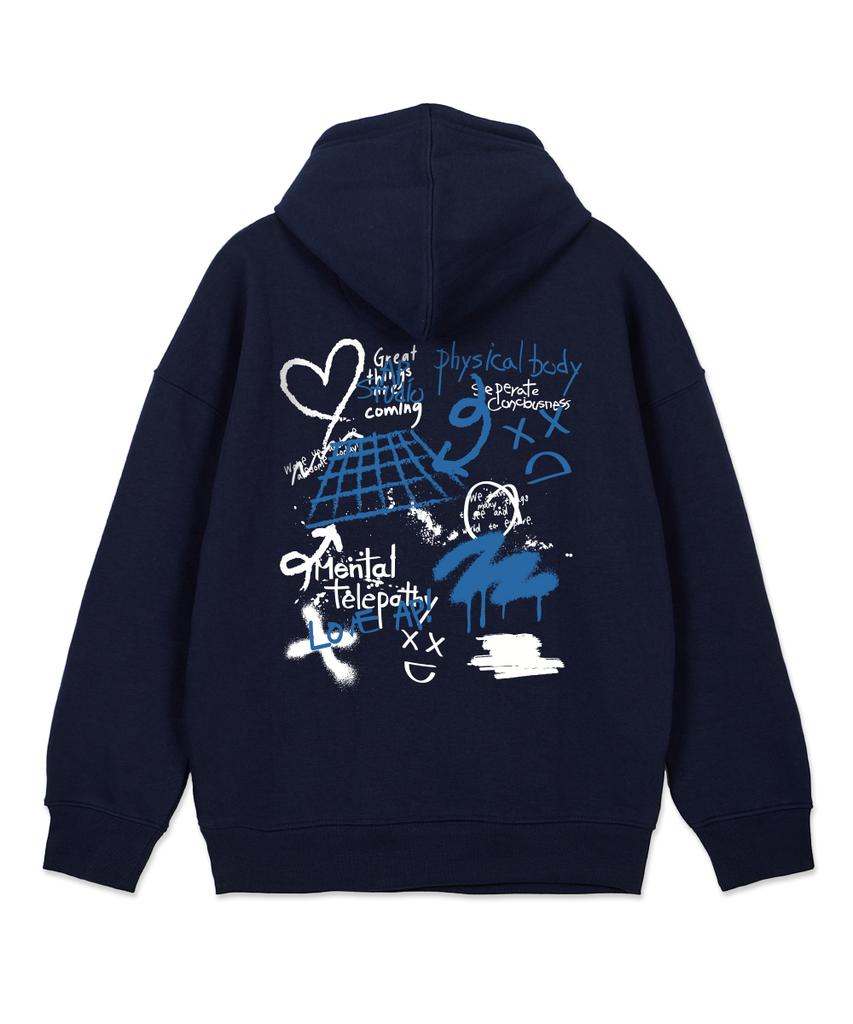 Graffiti Wide Shoulder Hoodie [Non-Fleece]_Navy