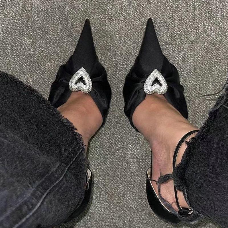

Fashion Small Love Diamond-Bow High Heels 2024 New Pointy Thin Hollow French Socialite Bao Toe Sandals 34 чёрный
