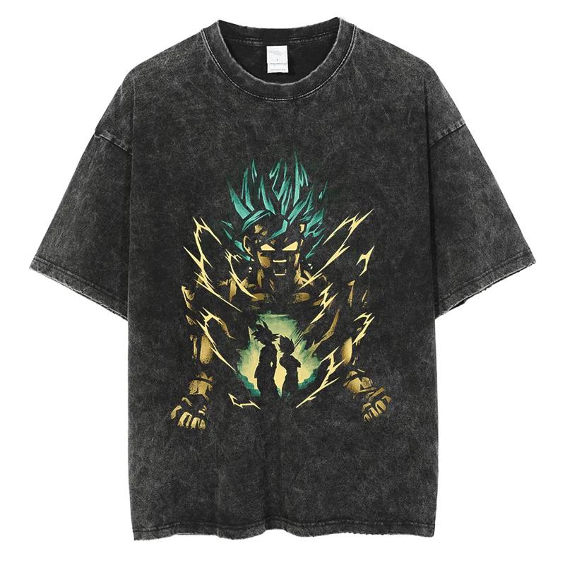 Men Fashion Tshirt Washed Black Vintage Japanese Anime Dragon Ball TShirt Hip Hop Streetwear Summer Cotton T Shirt Unisex