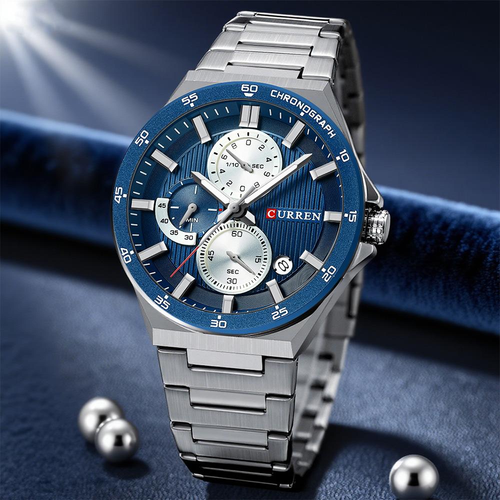 CURREN Sporty Elegant 43mm Men's Chronograph Dial Watch with Stainless Steel Band Luminous Hands Quartzt Wristwatch for Men