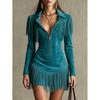 Womens Western-Style Fringe Long Sleeve Mini Dress Deep V Neck Zipper Bodycon Party