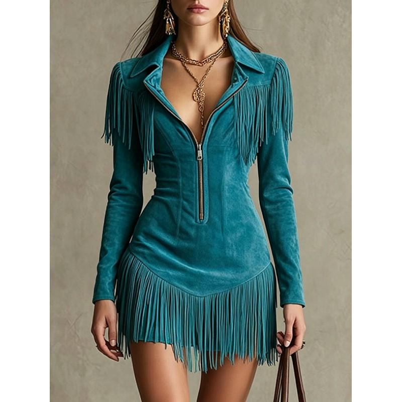 Womens Western-Style Fringe Long Sleeve Mini Dress Deep V Neck Zipper Bodycon Party