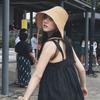 Big Wide Brim Linen Straw Bonnets Lace Up Closure Adjustable Straps Wide Brim Sun Hat Geometric Pattern Bow Accent