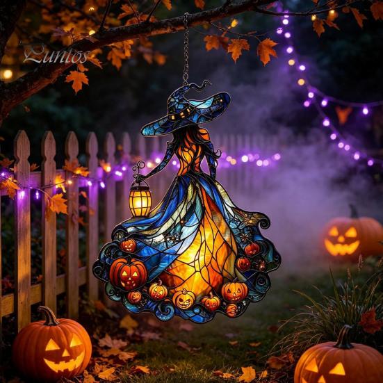 Decorative Chain Hanging Witch Acrylic Suncatcher, Stained Glass Effect Window Car Ornament, Gothic Scary Art with Pumpkin Lantern Sun Catcher