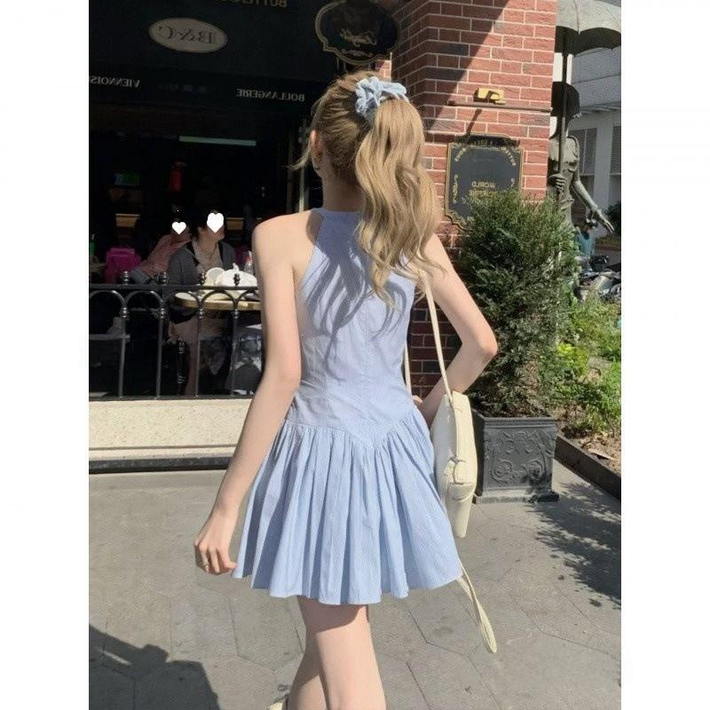 Summer Blue Stripe Knit Dress With Spliced Design For Streetwear Enthusiasts
