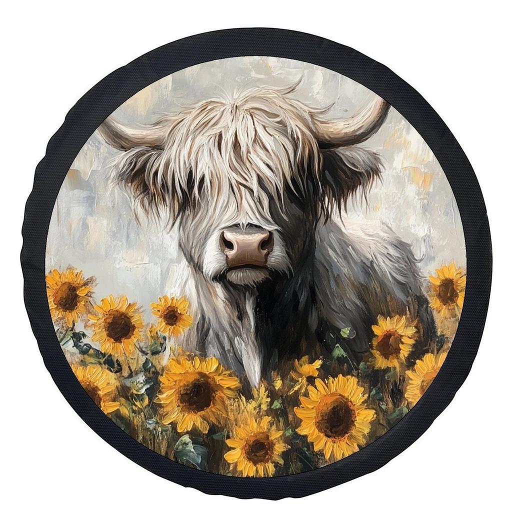 1pc Highland Cow with Sunflowers Themed Tire Cover Wheel Cover, Trendy Universal Wheel Cover Tire Cover Wheel Protection Cover, Suitable for Most Cars