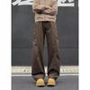 Coffee pleated rivet tooling jeans men's washed casual scimitar pants American diagonal cut straight micro-pull pants