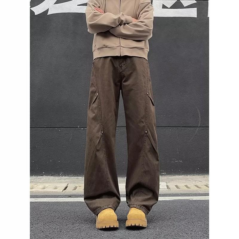 Coffee pleated rivet tooling jeans men's washed casual scimitar pants American diagonal cut straight micro-pull pants