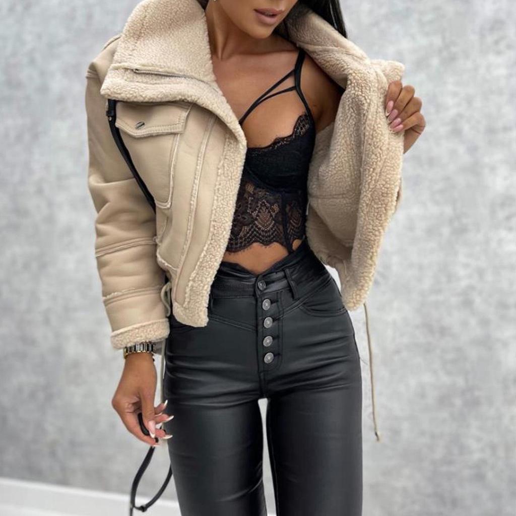 2025 European Autumn/Winter Lambswool Biker Style PU Leather Jacket for Women