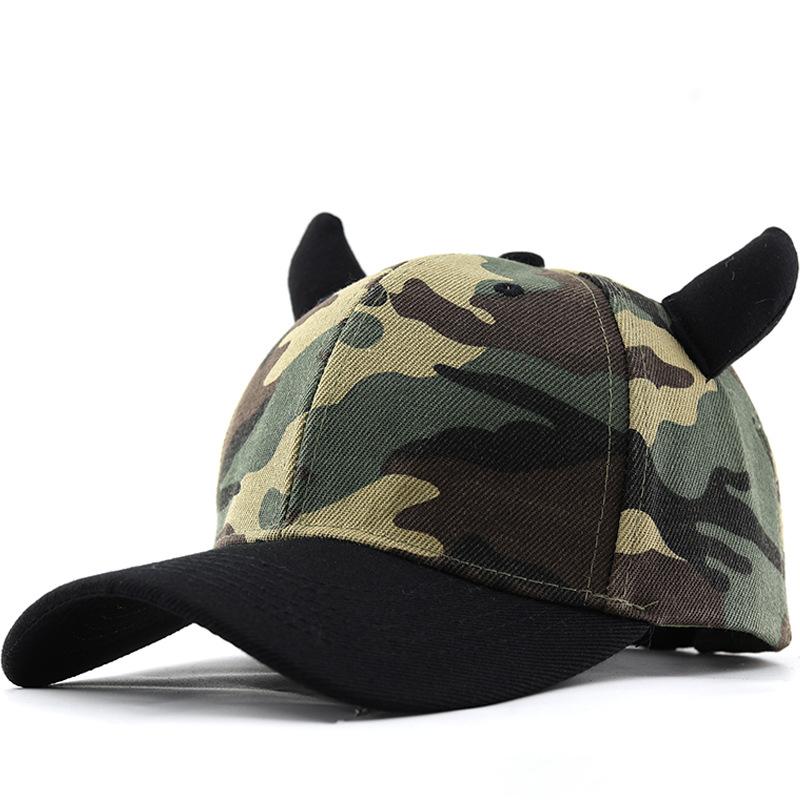 

Handmade DIY Devil Cross Cloth Embroidered Camouflage Bull Horn Baseball Hat Men s And Women s Adjustable Duck Tongue Hats