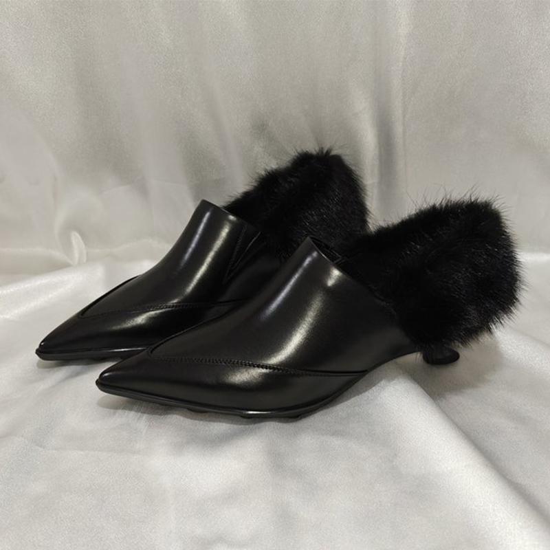 

Мех Женская Роскошная Обувь на Каблуке Острый Носок Модные Туфли-Лодочки Осень Элегантные Новые Сапоги Женские Сексуальные Дизайнерские Mujer Zapatillas 34 чёрный