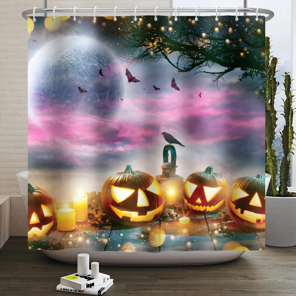 Halloween Duschvorhang Horror Mondnacht Kürbis Schädel Skelett Gruseliges Schloss Hexe Geist Friedhof Wasserdicht Badezimmervorhänge