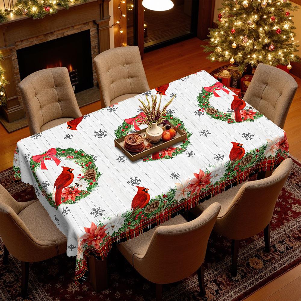Christmas Rectangle/Round Tablecloth, Country Cardinal Wreath Waterproof Tablecloth, Warm Winter Festival Table Decorative Cloth