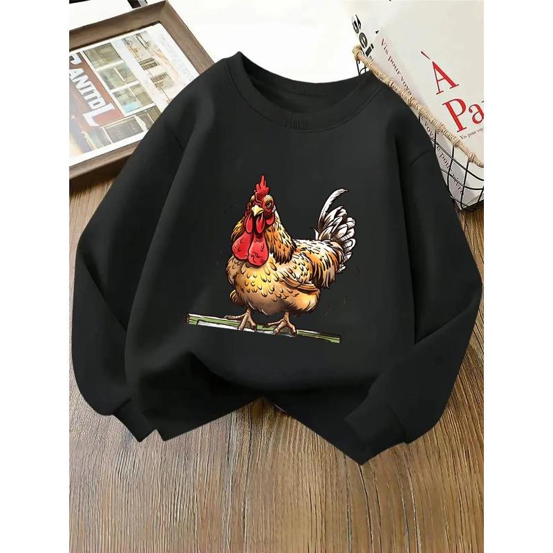 Girls' Crewneck Sweatshirt - Rooster Standing On Green Fence Machine Washable, Spring And Autumn, Sportswear And Casual Wear