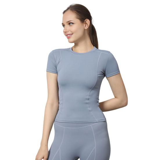 Women Sports Top Solid Color High Elastic Quick Drying Workout Shirt Short Sleeve Crew Neck Gym Apparel for Yoga Fitness